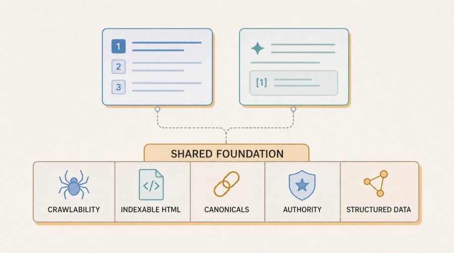 Diagram showing crawlability, indexable HTML, canonical URLs, authority, and structured data as the shared foundation of SEO and GEO