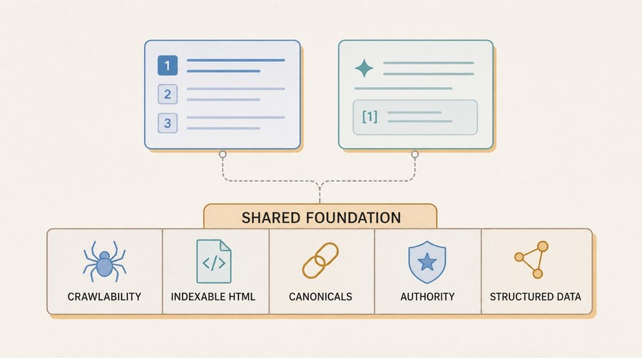 Diagram showing crawlability, indexable HTML, canonical URLs, authority, and structured data as the shared foundation of SEO and GEO