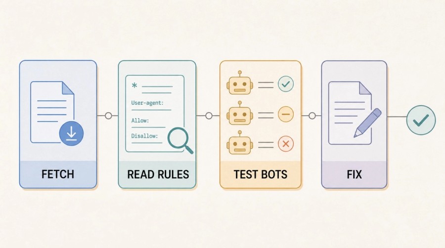 Four-step robots.txt audit workflow: fetch the file, read rules, test bots, and fix the configuration