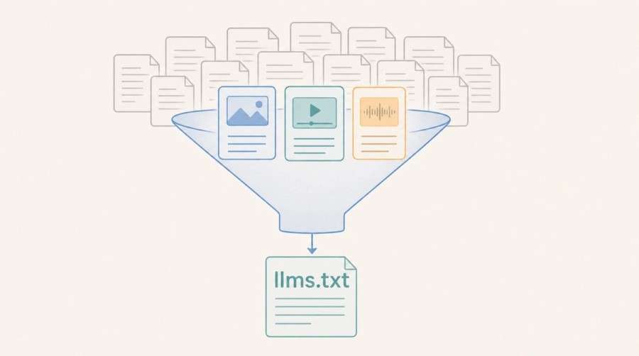A funnel selects a few valuable pages for an llms.txt file.