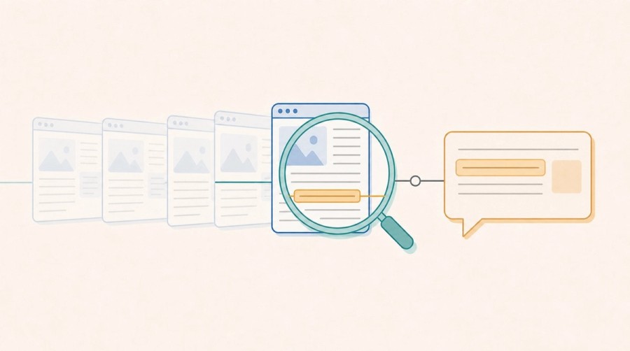 A retrieval lens selects one clear passage from a stream of webpages.