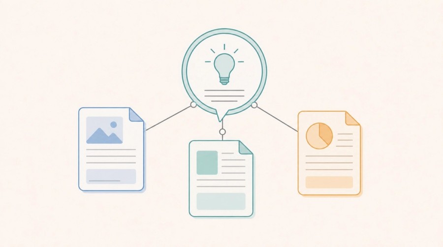 Three different source documents support one synthesized answer.