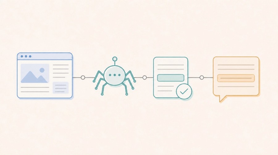 A webpage moves through crawling and indexing before becoming a cited answer.