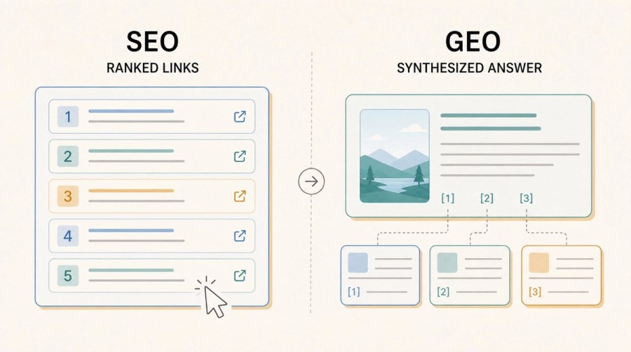 Side-by-side diagram comparing SEO ranked links with a GEO synthesized answer grounded in three cited sources