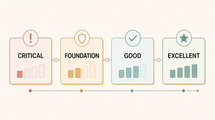 Four-tier GEO score scale progressing from Critical through Foundation and Good to Excellent