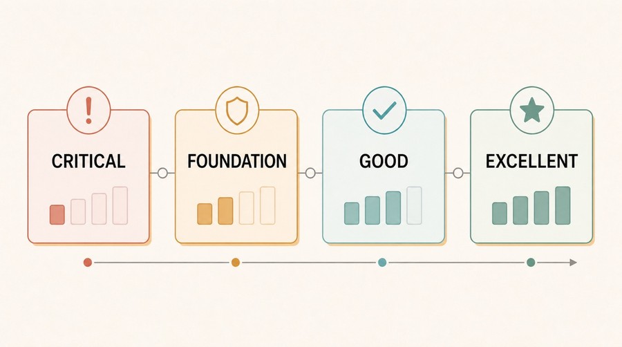 Four-tier GEO score scale progressing from Critical through Foundation and Good to Excellent