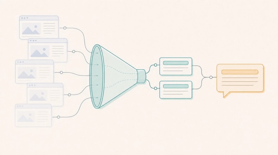 A funnel narrows several webpages into two selected passages and one overview answer.