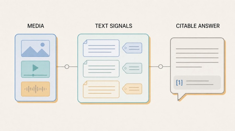Editorial diagram showing image, video, and audio media passing through text signals before becoming a citable AI answer