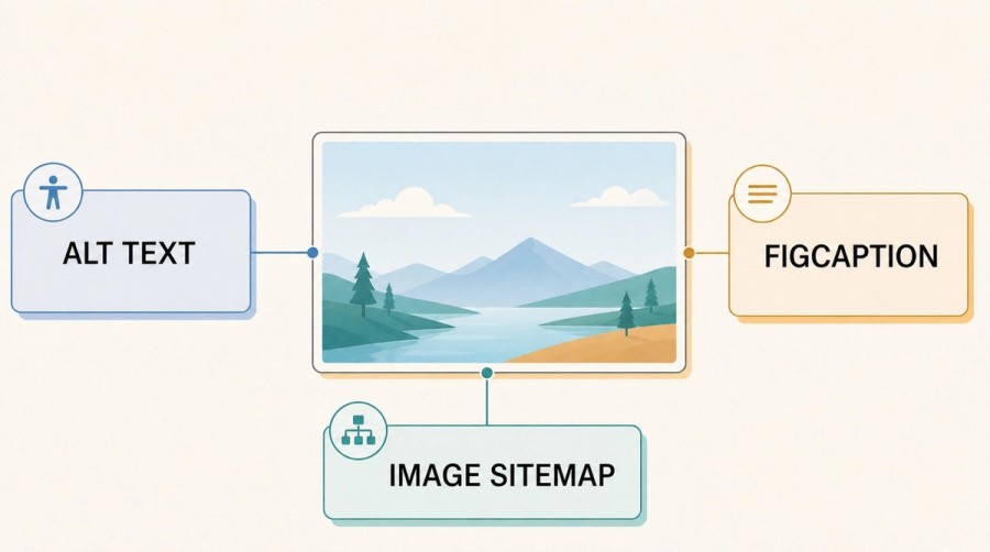 Diagram showing a central landscape image connected to descriptive alt text, a figcaption, and an image sitemap entry