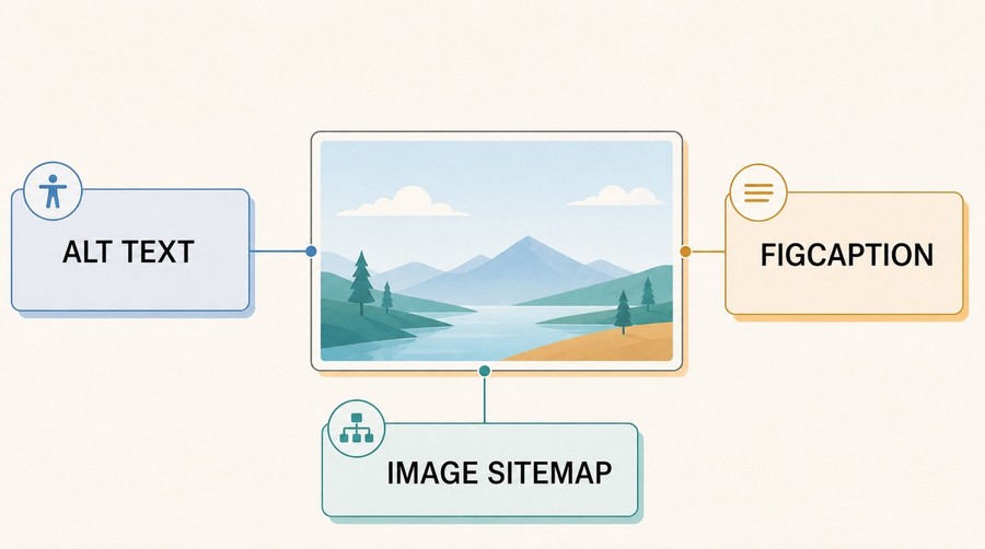 Diagram showing a central landscape image connected to descriptive alt text, a figcaption, and an image sitemap entry