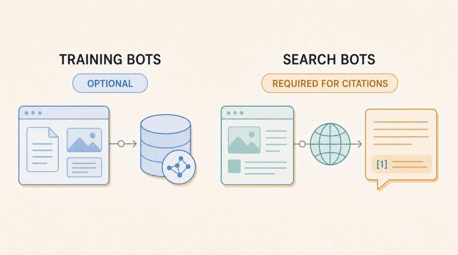 Comparison diagram distinguishing optional training bots from search bots required for real-time AI citations