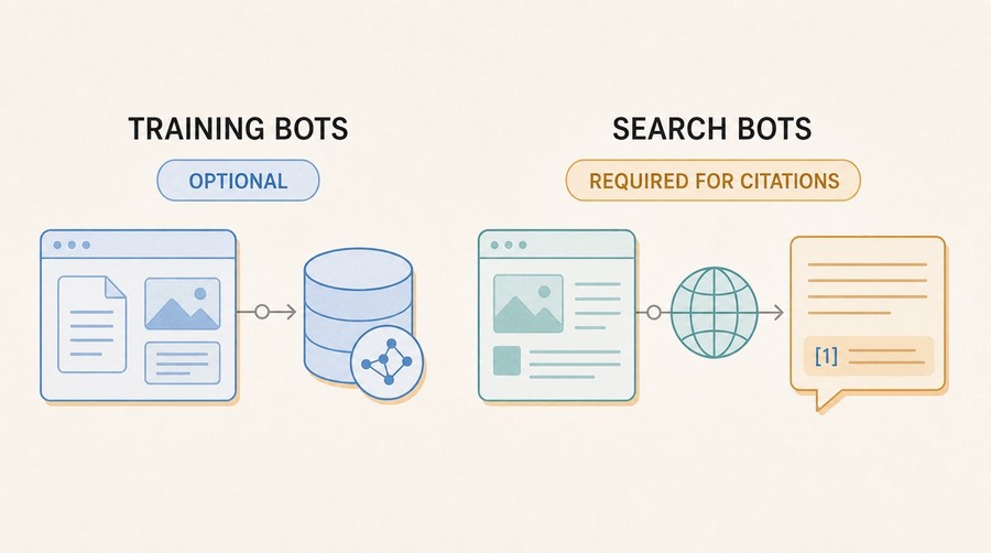 Comparison diagram distinguishing optional training bots from search bots required for real-time AI citations