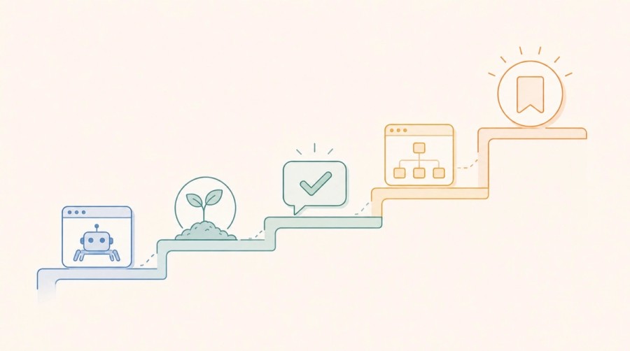 Five connected optimization steps ascend toward an AI Overview citation.