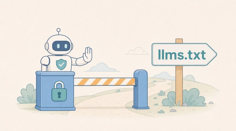 A crawler permission gate stands beside an llms.txt orientation signpost.