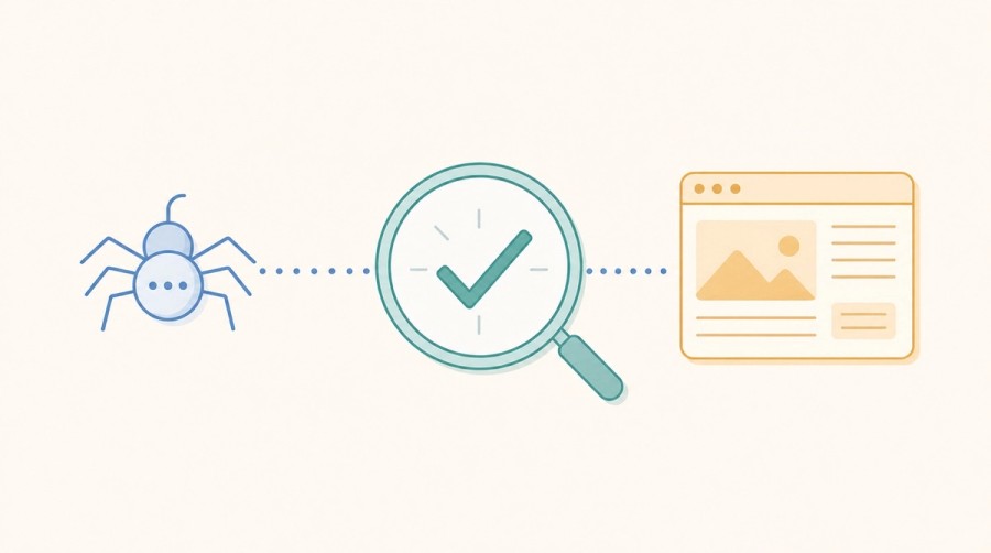 A magnifying lens confirms that a crawler can reach a webpage.