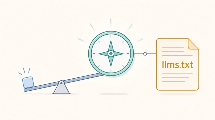 A small effort lever raises an orientation compass linked to llms.txt.