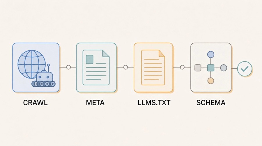 Four-step technical readiness pipeline from crawlability through metadata and llms.txt to schema markup