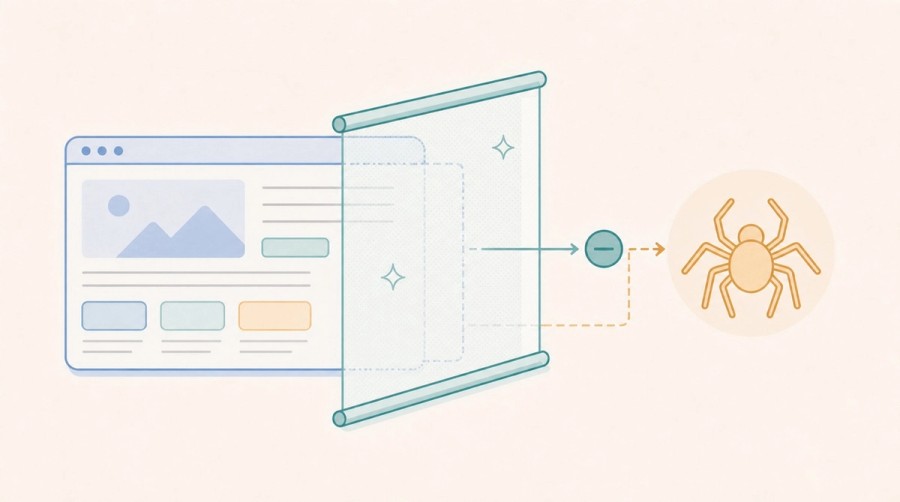 A translucent rendering layer hides webpage content from a basic crawler.
