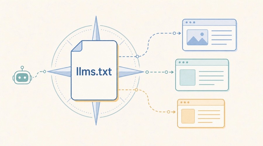 An llms.txt document acts as a compass directing an AI reader to canonical pages.