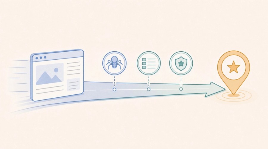 A webpage follows a fast path through access, structure, and authority signals toward citation.