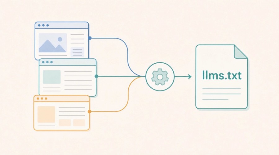 Three curated webpages pass through a generator and become an llms.txt file.