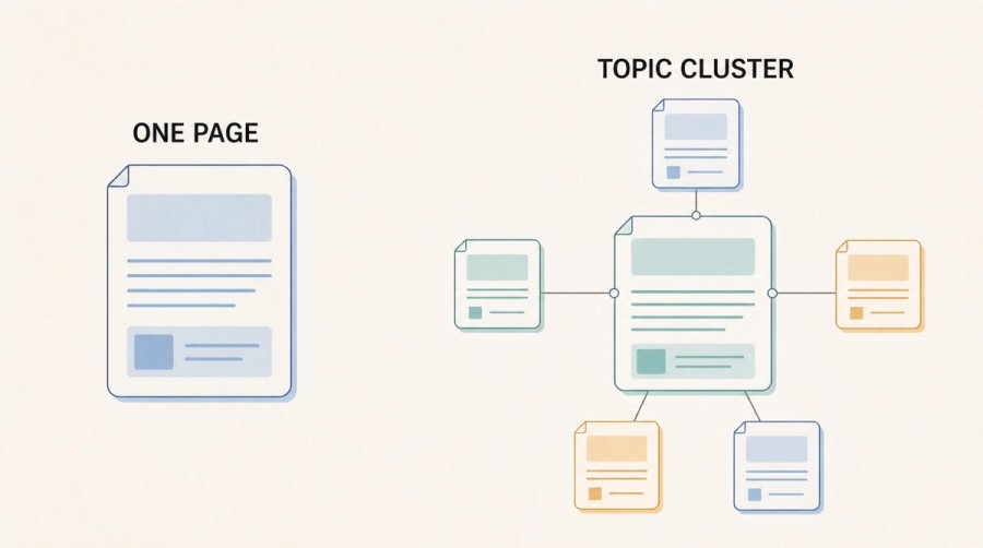 Comparison diagram showing one isolated web page beside a connected topic cluster with a central pillar and five supporting pages