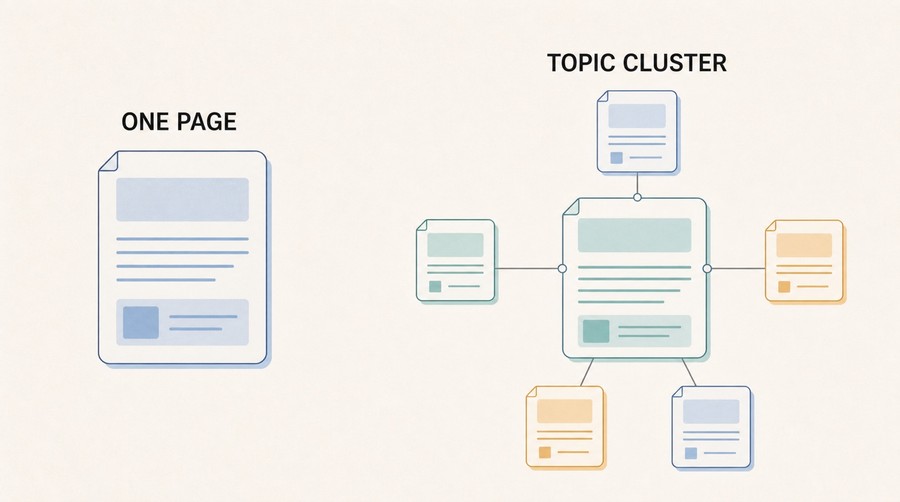 Comparison diagram showing one isolated web page beside a connected topic cluster with a central pillar and five supporting pages