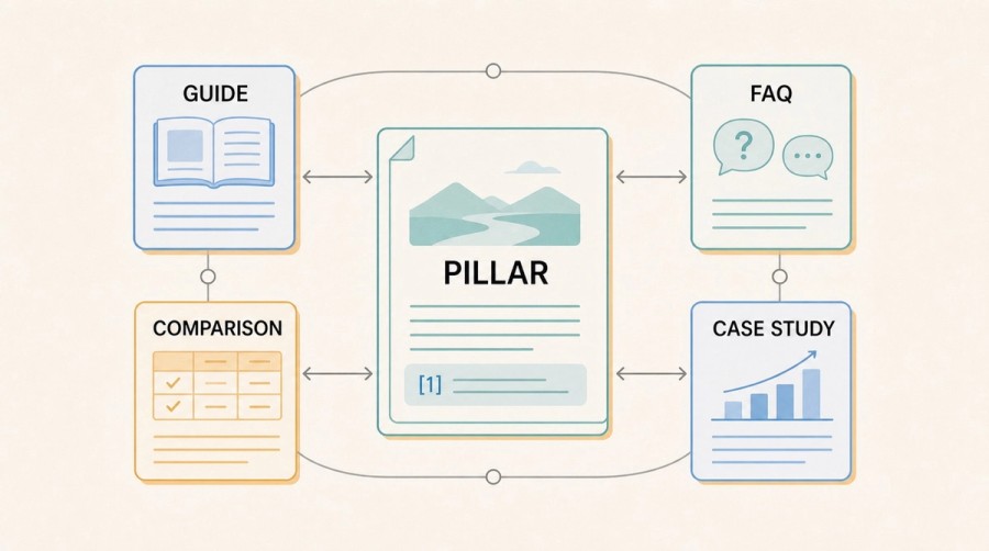 Hub-and-spoke diagram of a citable topic cluster with a pillar page linked to a guide, FAQ, comparison, and case study