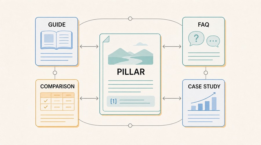 Hub-and-spoke diagram of a citable topic cluster with a pillar page linked to a guide, FAQ, comparison, and case study