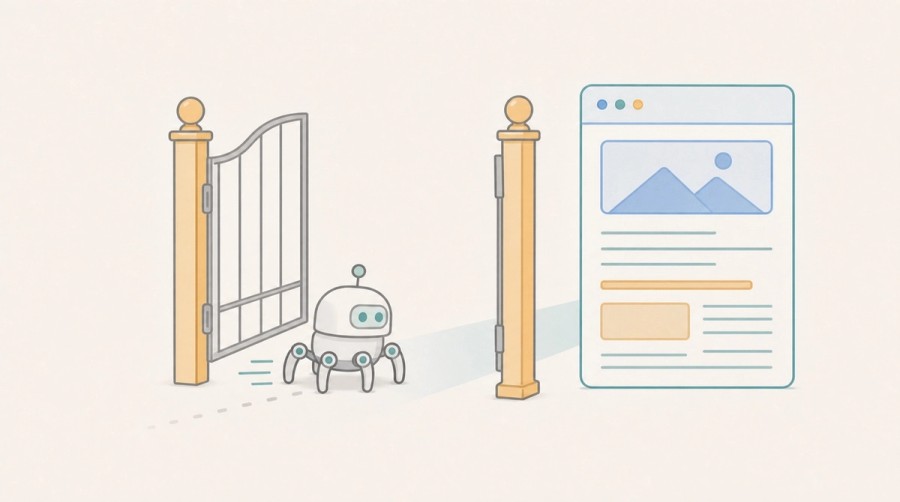 An AI crawler passes through an open gate toward a readable webpage.