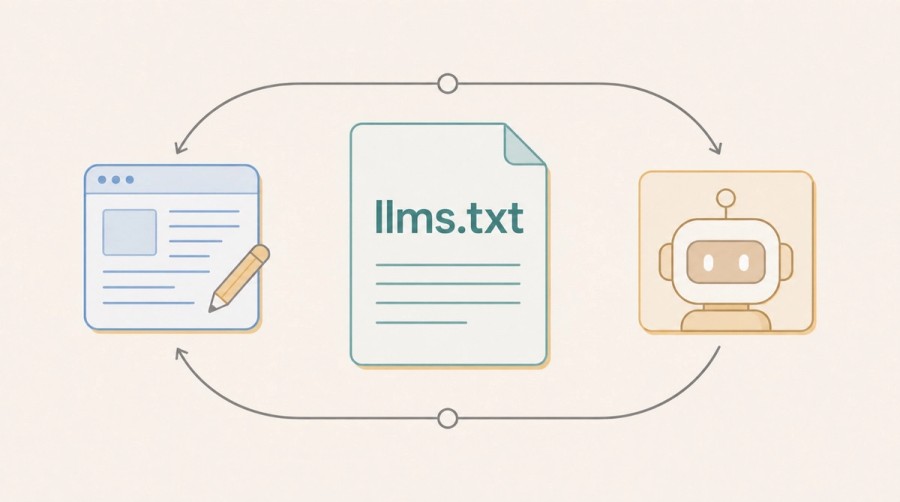 A publishing workflow keeps an llms.txt file synchronized for AI readers.