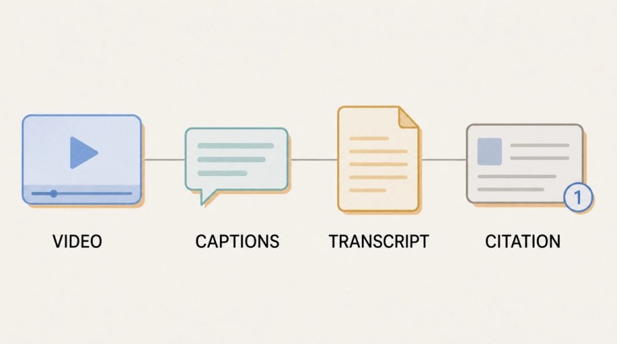 Four-step diagram showing video content becoming a citable AI source through captions and a transcript