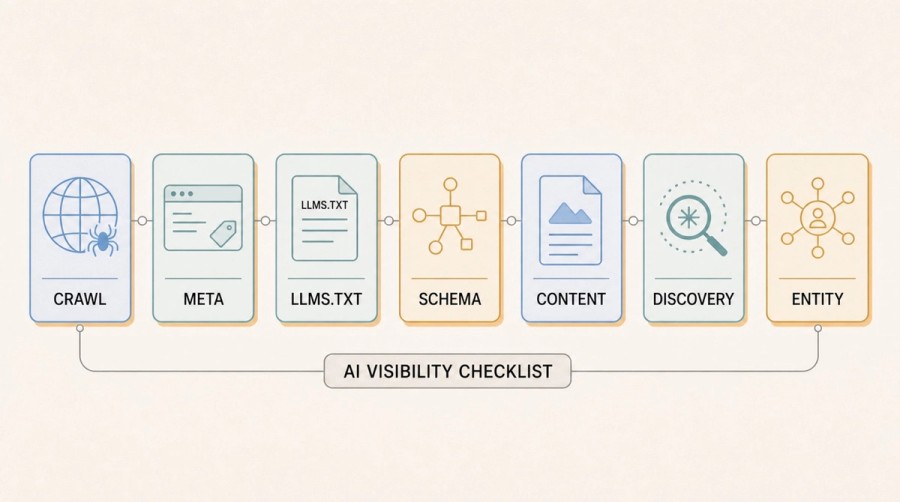 Seven-card AI visibility checklist covering crawl, meta, llms.txt, schema, content, discovery, and entity signals