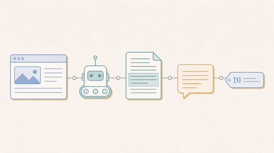 A webpage moves through crawling, passage retrieval, synthesis, and citation.