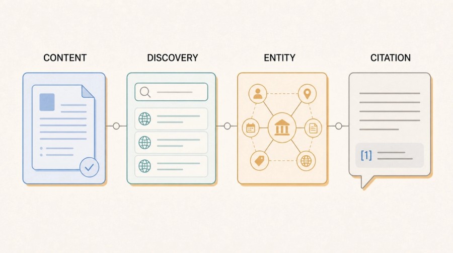 Four-stage diagram showing content progressing through discovery and entity corroboration to an AI citation