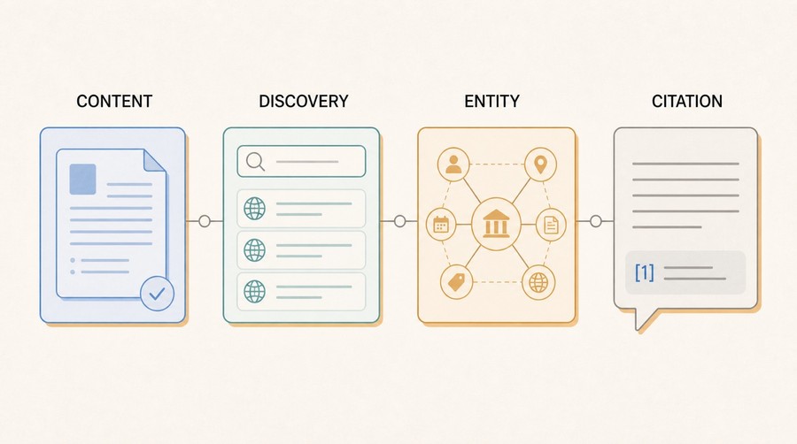 Four-stage diagram showing content progressing through discovery and entity corroboration to an AI citation