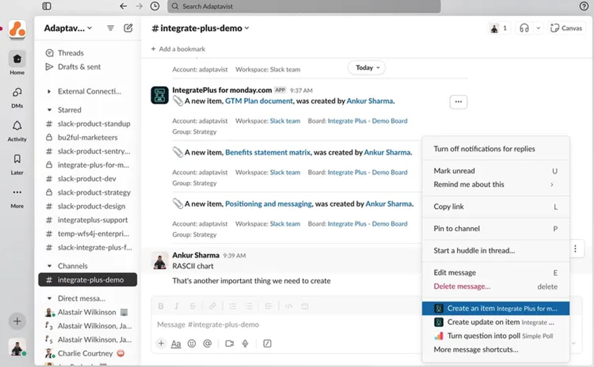 Screenshot showing Integrate Plus for monday.com and Slack.