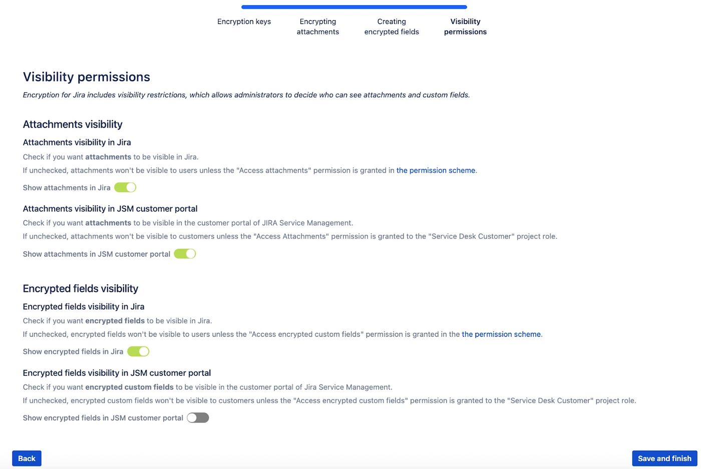 a screenshot of the Encryption for Jira app showing visibility permissions settings