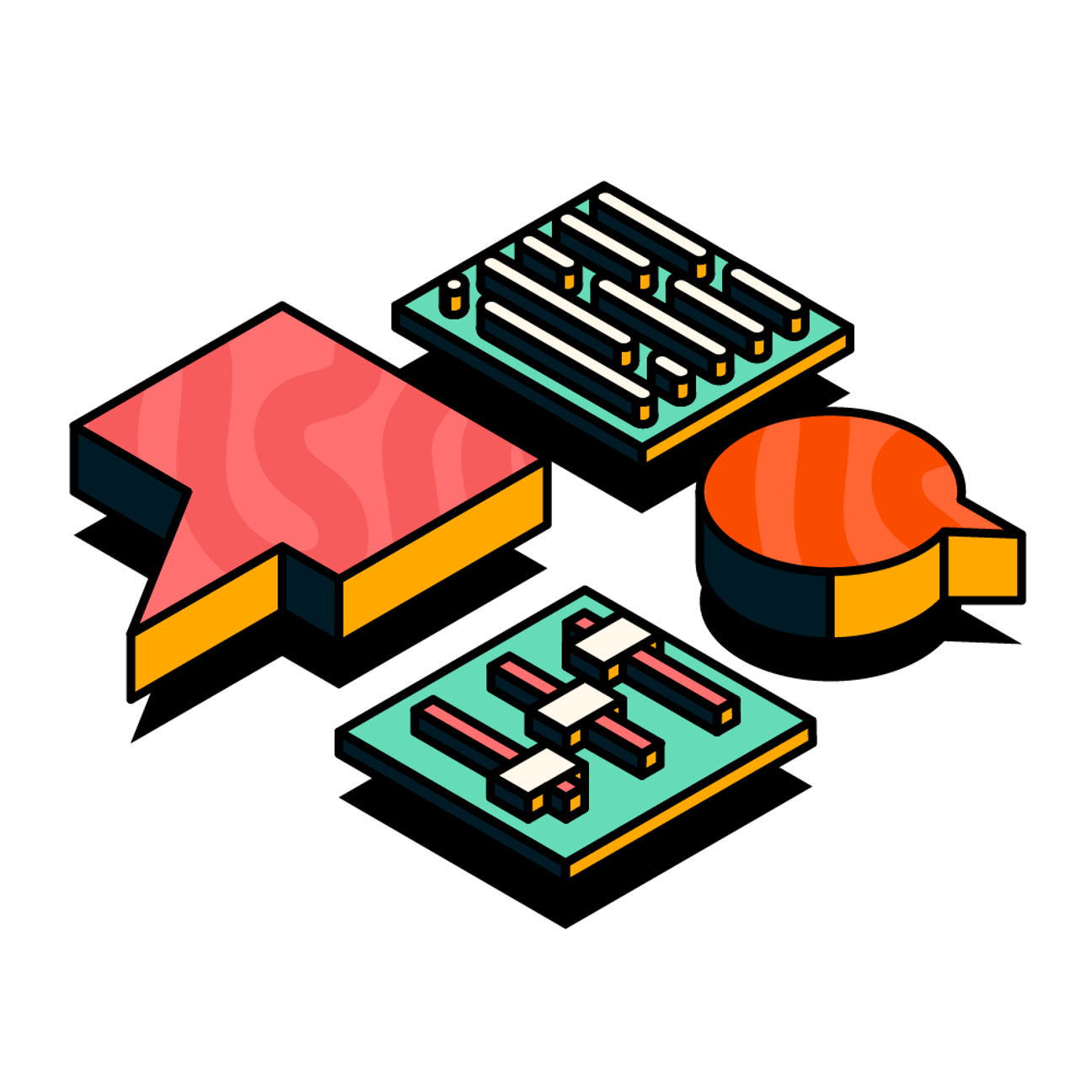 A set of illustrations including speech bubbles and visualisations of data