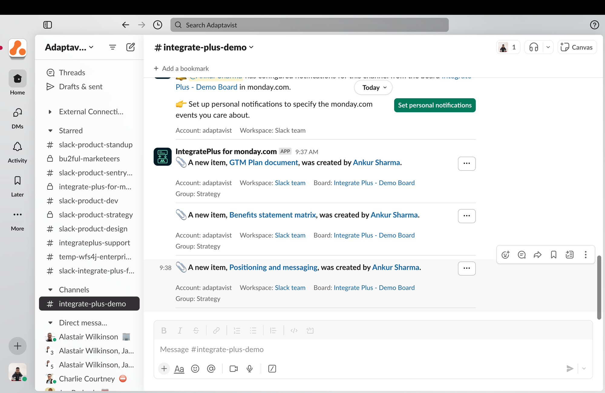 Screenshot of Integrate Plus app in Slack showing notifications