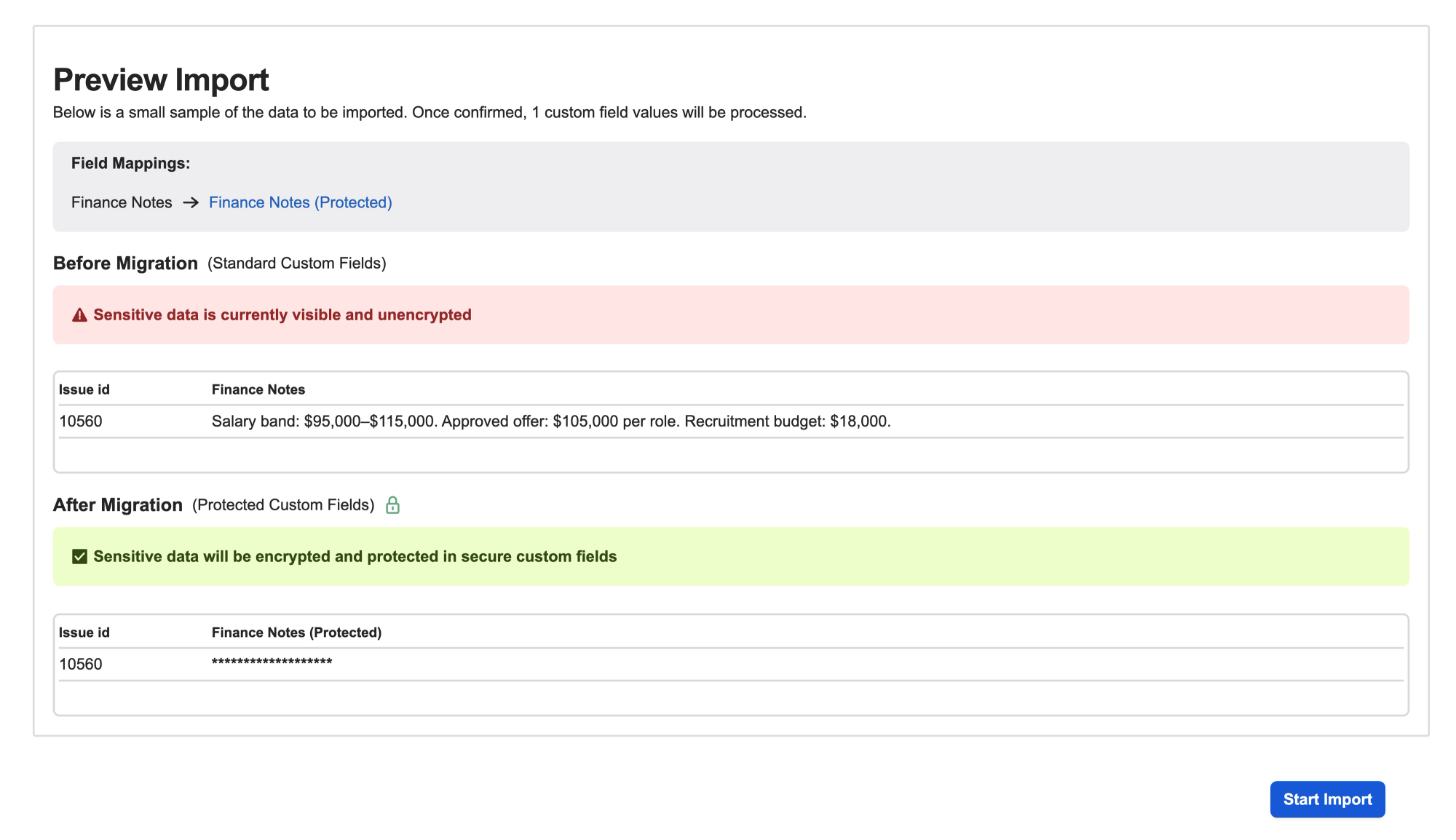 The Protected Custom Fields import preview screen