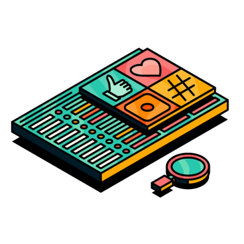 Illustration of a monday.com board with social media engagement icons overlayed next to a magnifying glass icon.