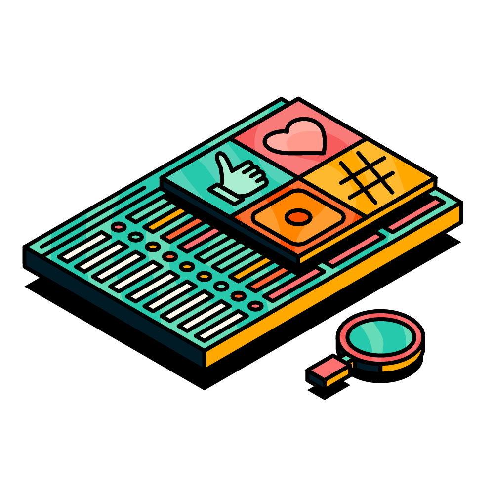 An illustration of a monday.com board with social media engagement icons overlayed next to a magnifying glass icon.