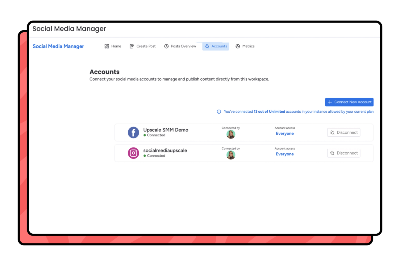 Screenshot showing how to connect social media accounts in Social Media Manager for monday.com.