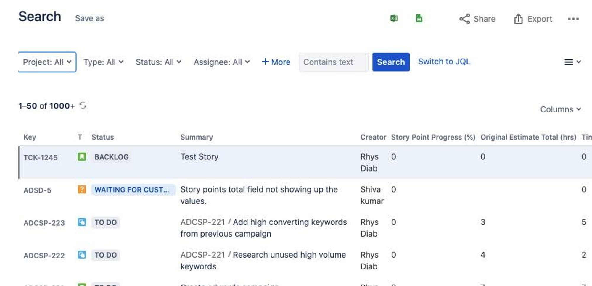 Jira JQL query filter.