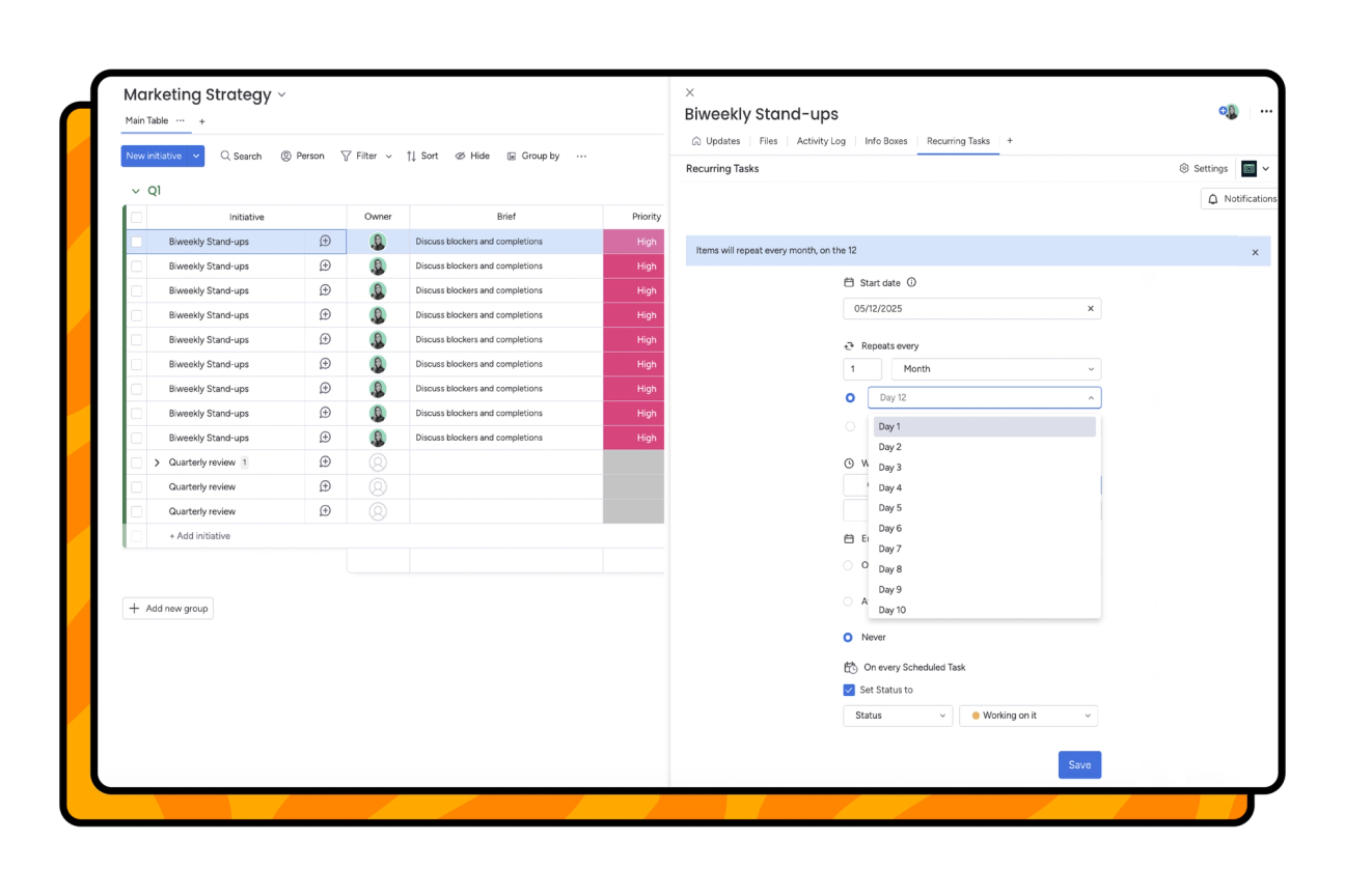 Screenshot showing how to create and edit a recurring task in monday.com.