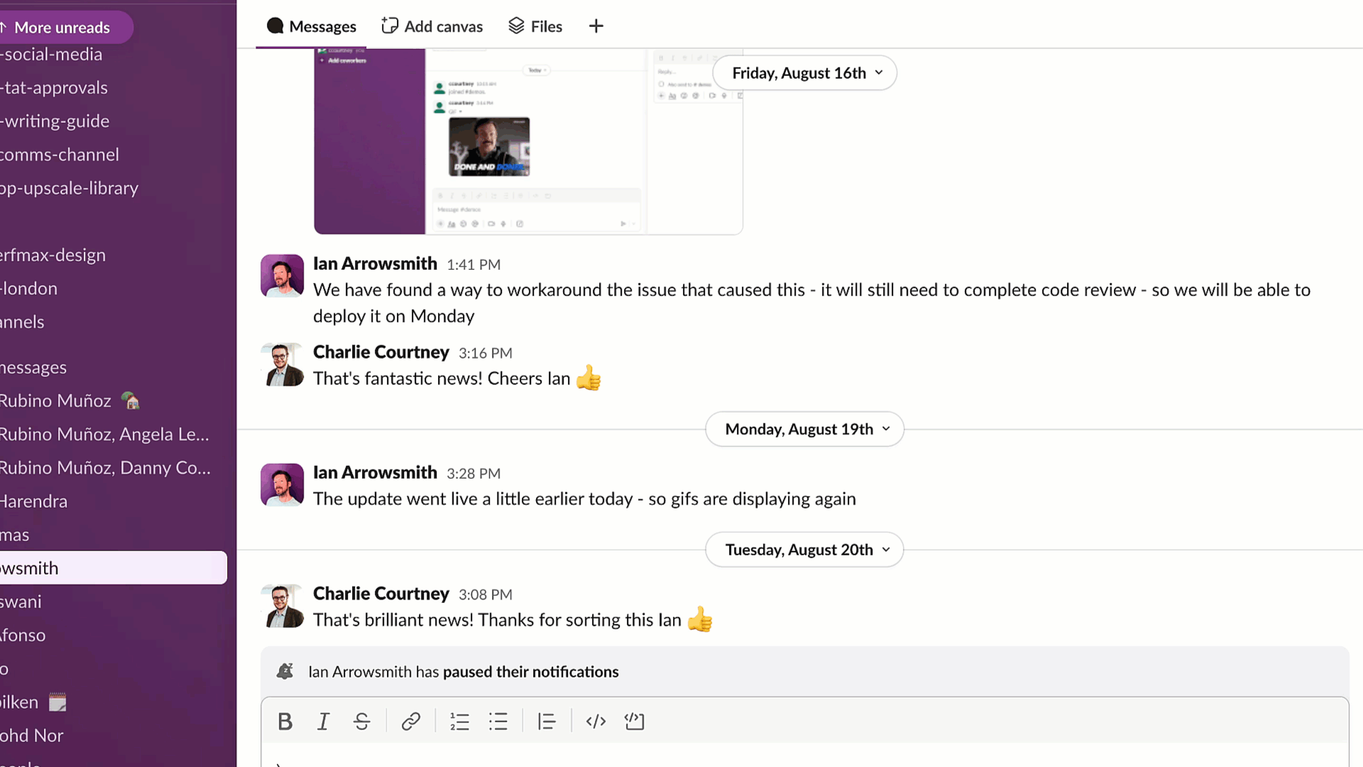 Screenshot showing how to react to a message with an emoji in Slack.