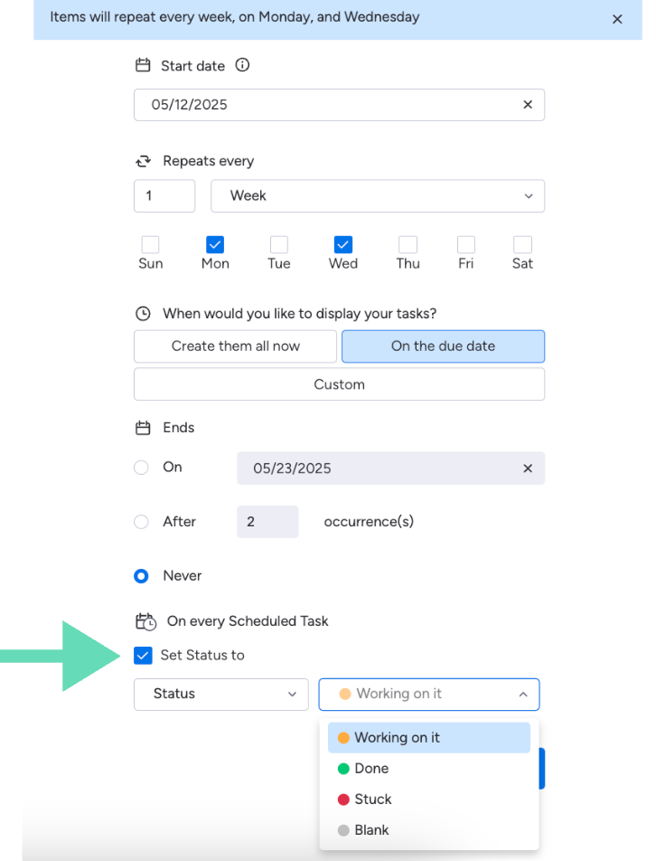 Setting status on creation