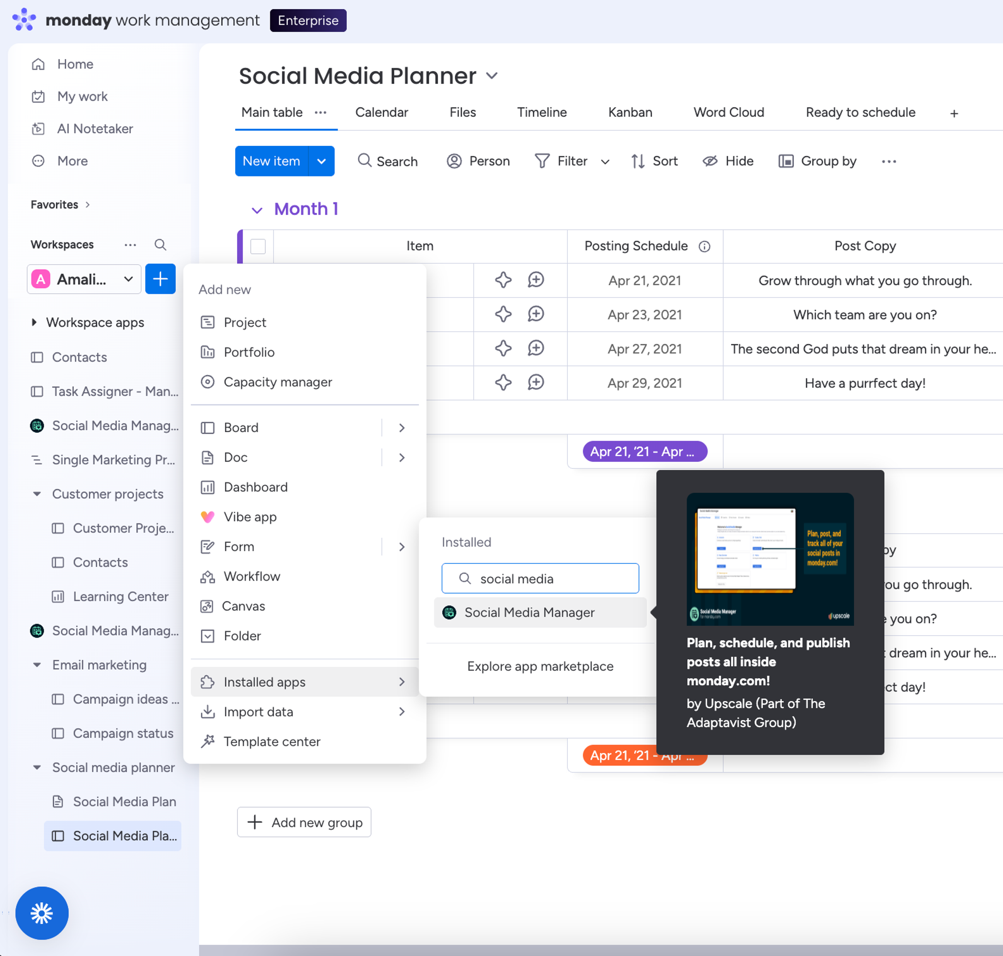Screenshot showing how to connect your social media accounts in monday.com using Social Media Manager for monday.com.
