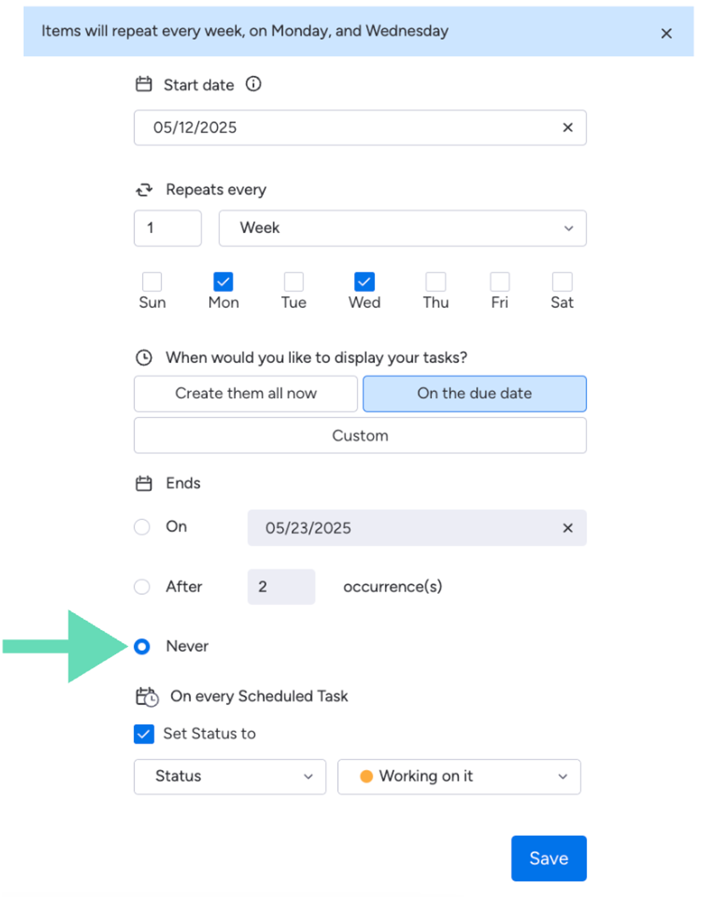 Setting a task to repeat forever 